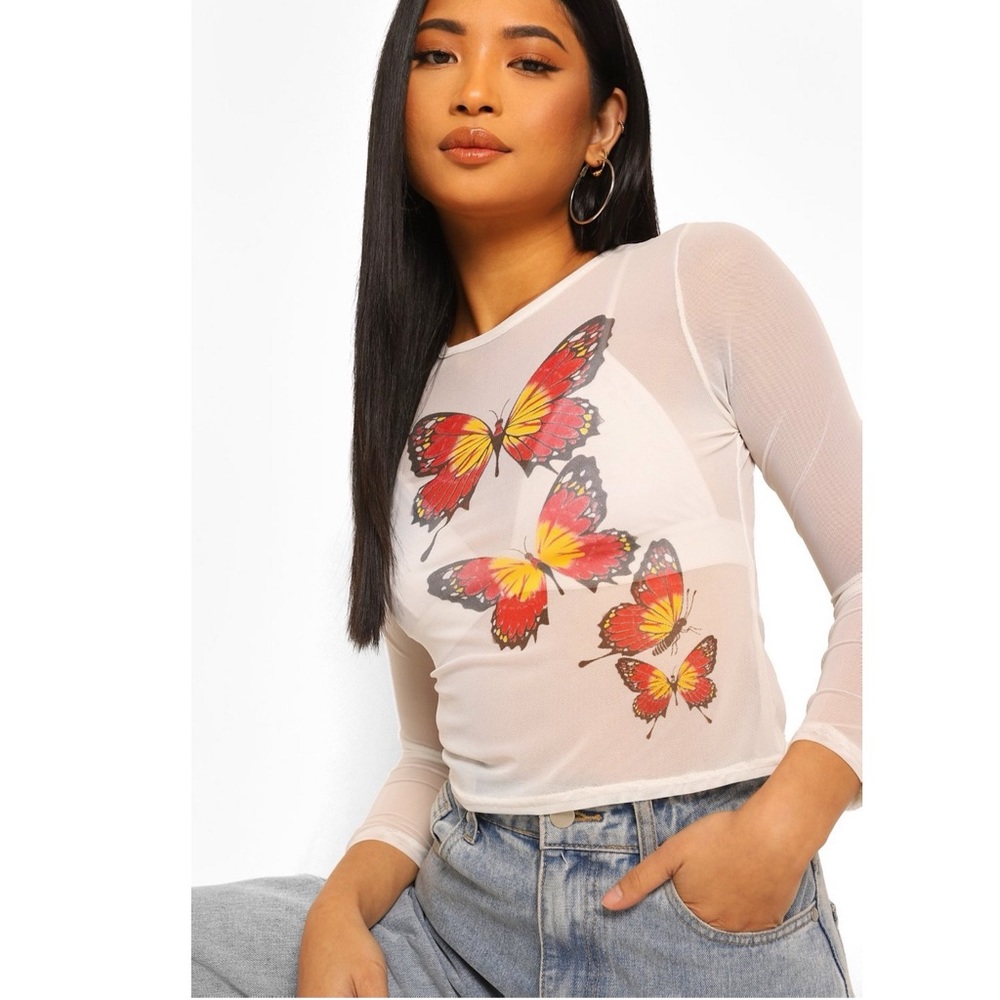 Boohoo Petite Butterfly Print Mesh Singlet Top